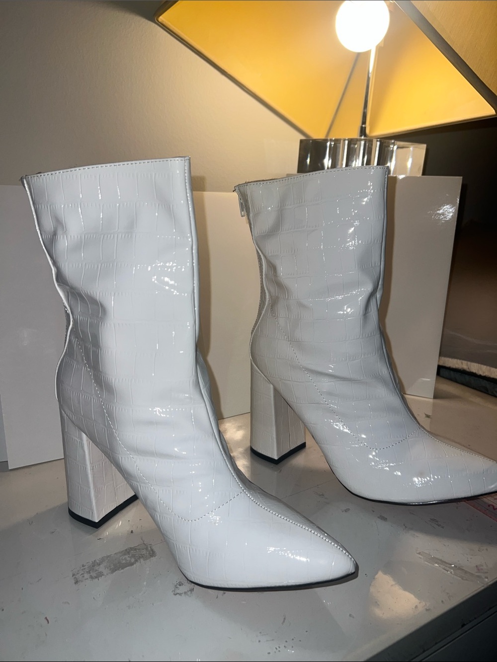 Fashion Nova White Croc-Embossed Patent Mid-Calf Block Heel Boots